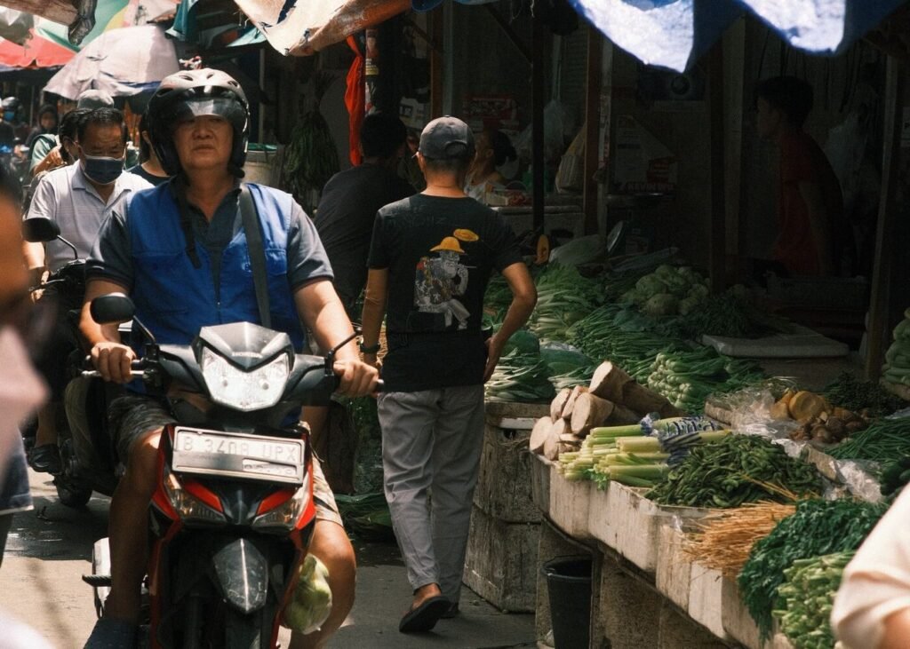 Busy market street scene in Jakarta