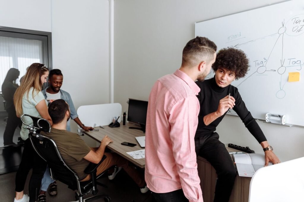 Team discussing market entry strategy in an office