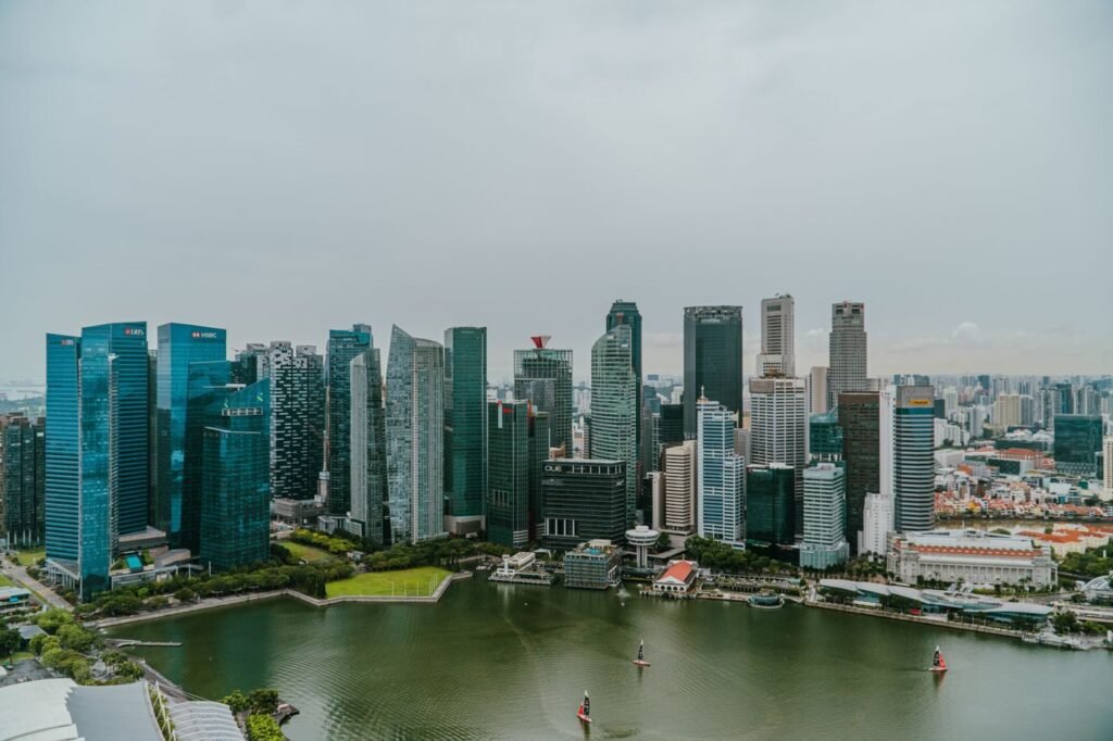 Aerial view of the Singapore skyline and Marina Bay