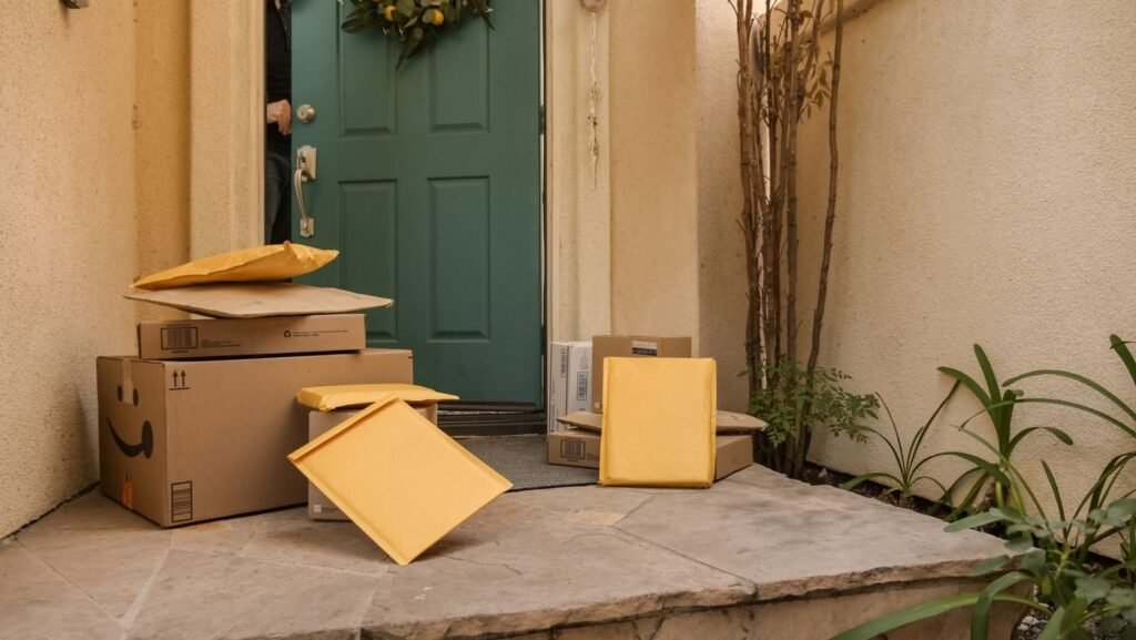 Parcels stacked at a residential front door