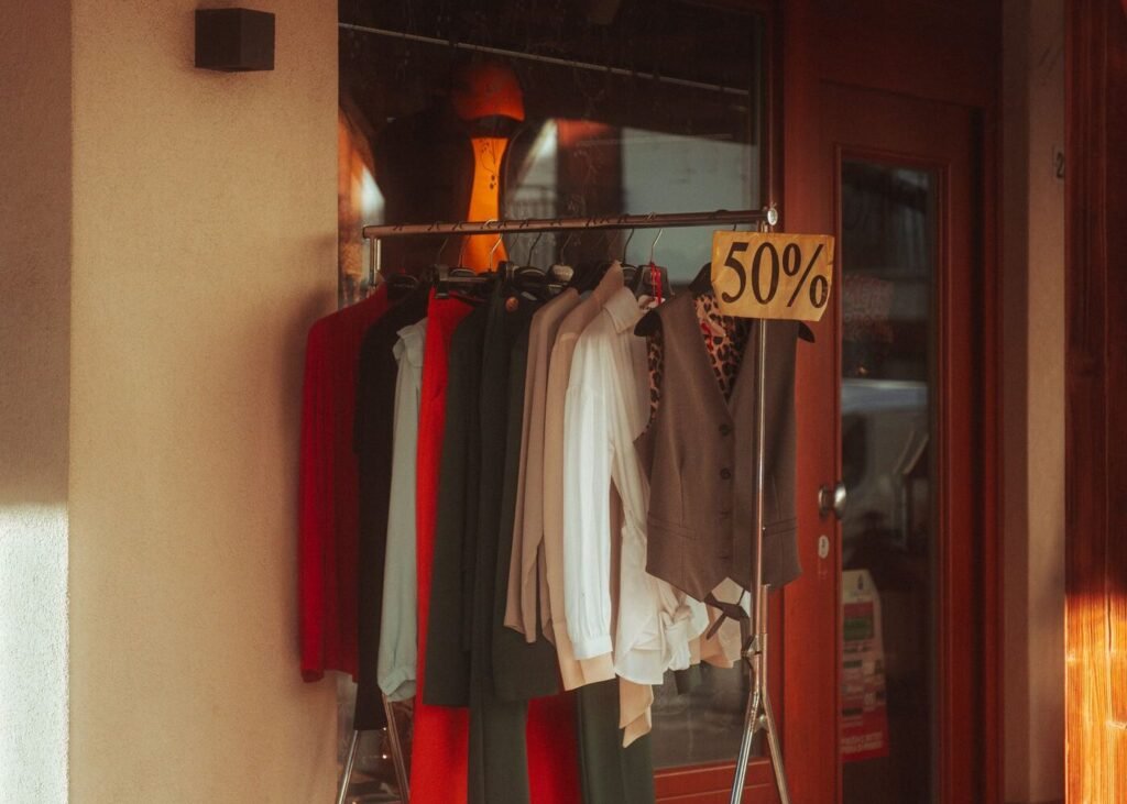 Outdoor retail display of fashion clothing