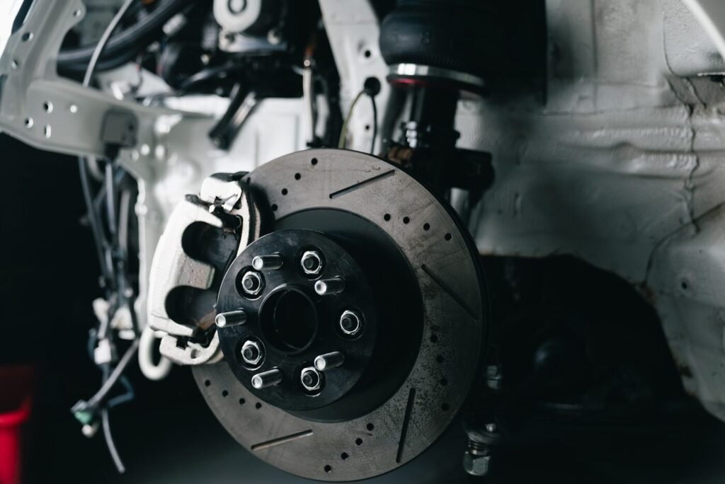A close-up of a performance brake system on a wheel