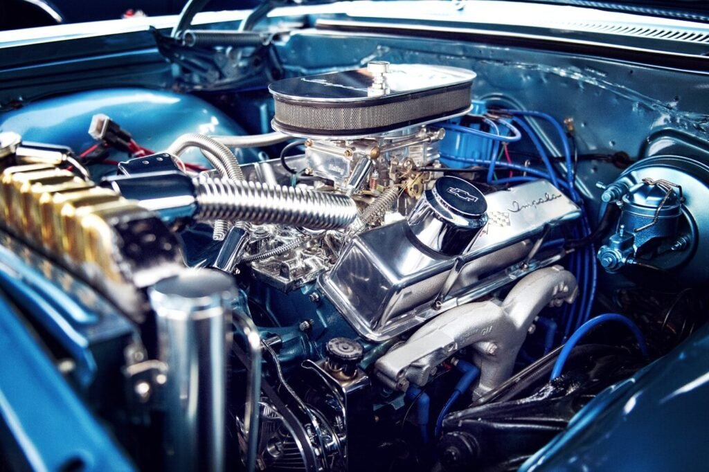An open engine bay showing components and fittings