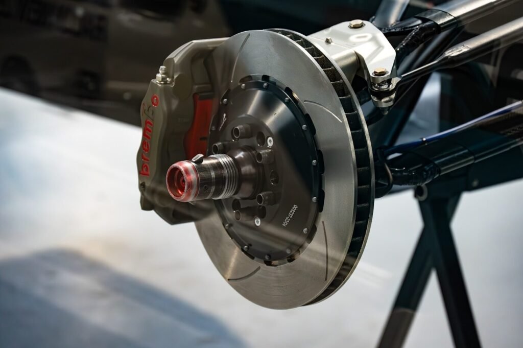 A close-up of a brake assembly on a vehicle