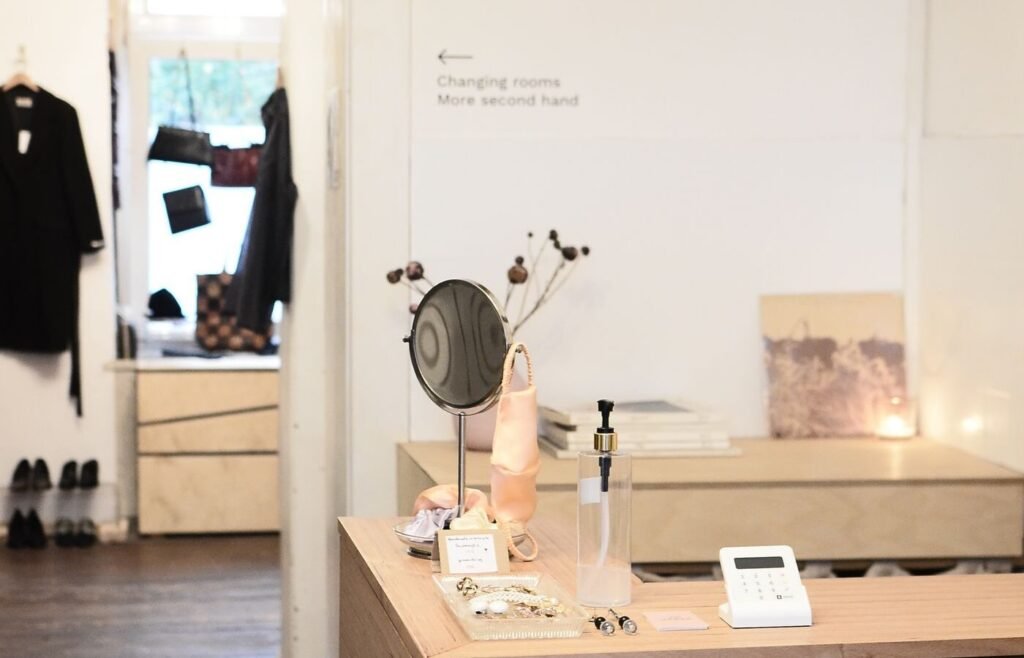 Counter in a styled clothing store where basket-building merchandising decisions are made
