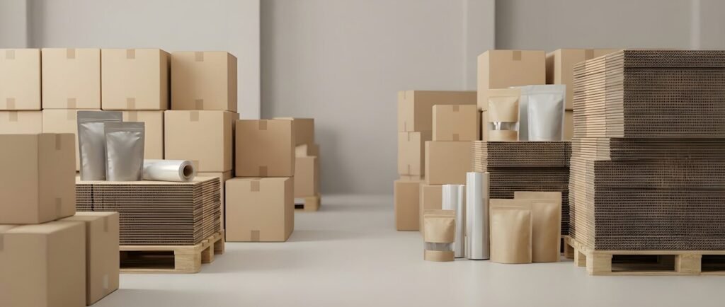 Cardboard boxes and packaging supplies stacked in a warehouse