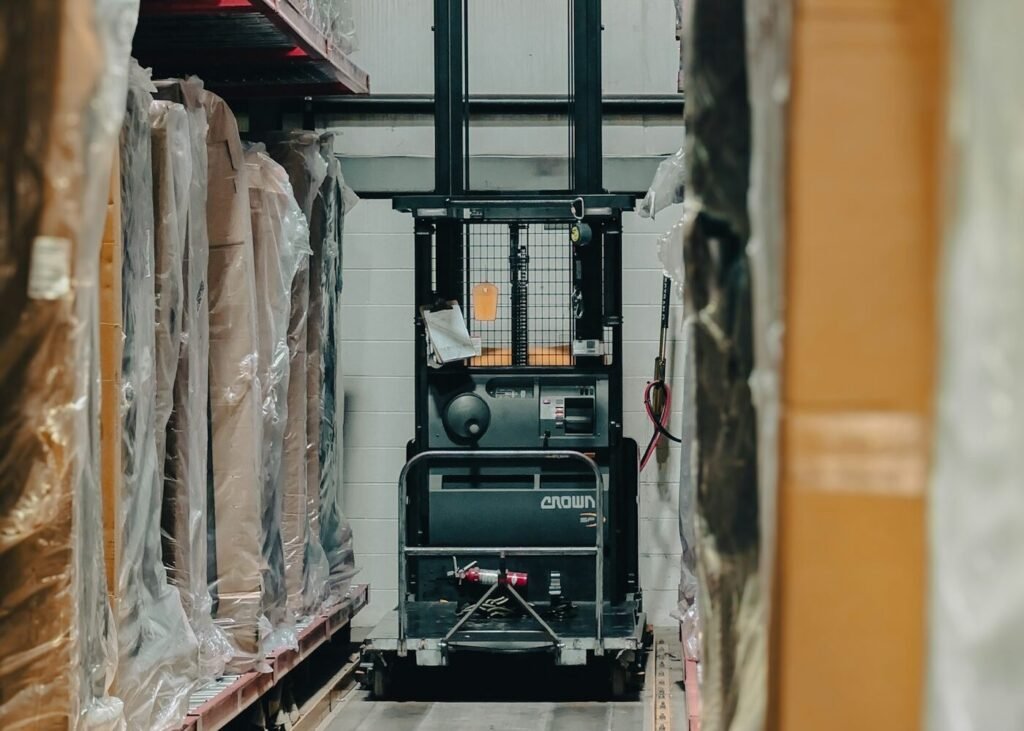 A warehouse filled with boxes and pallets