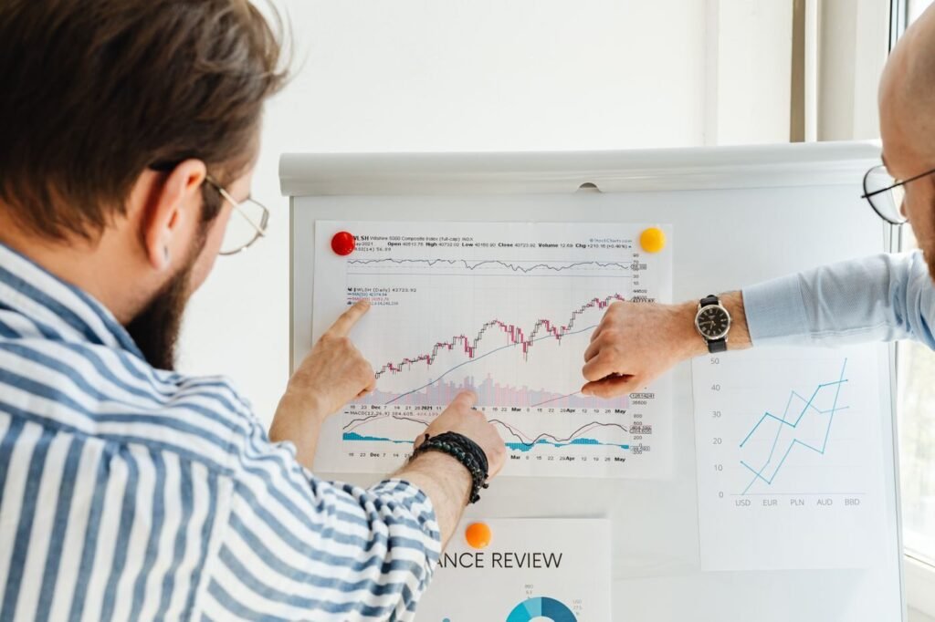 Analysts reviewing performance trends on a whiteboard