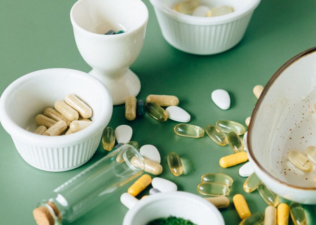 Flat lay of supplement products and packaging
