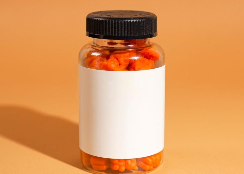 Supplement gummies photographed on a bright background