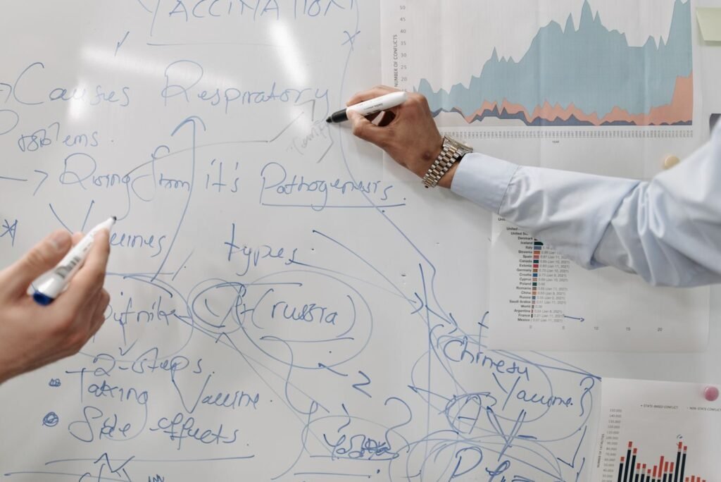 Team mapping bilingual keyword research on a whiteboard