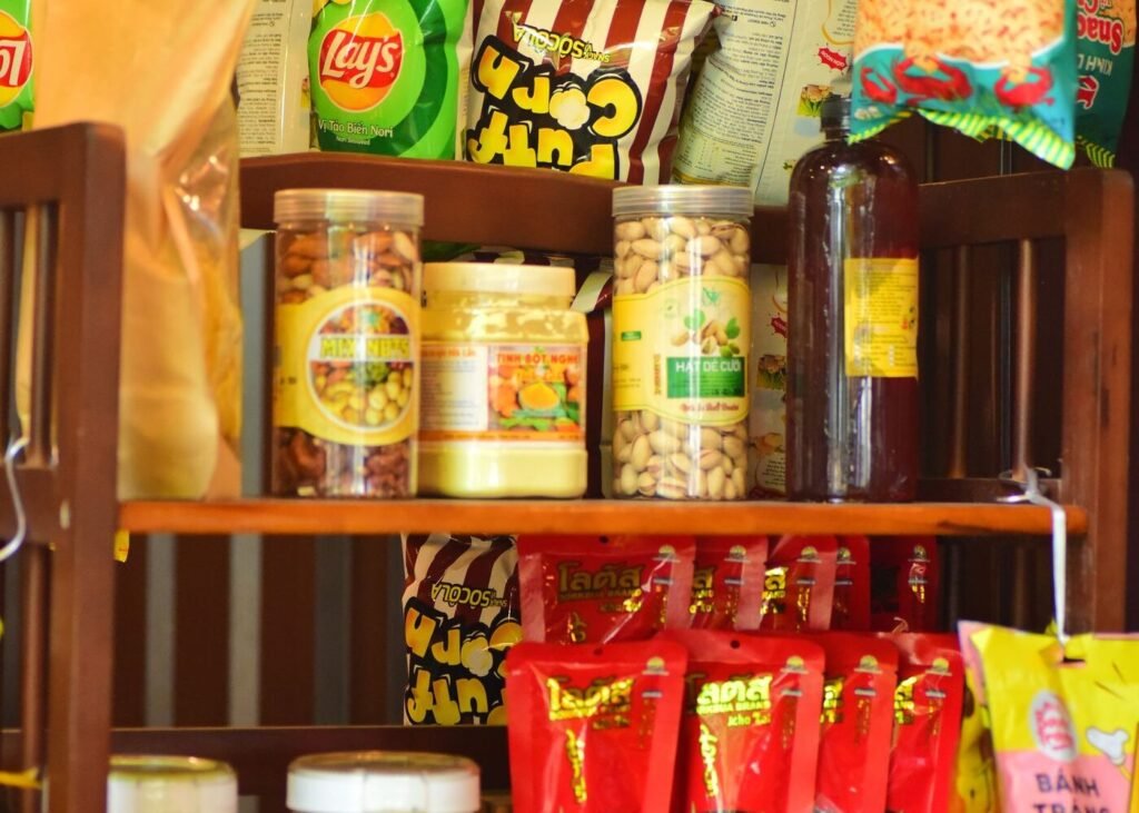 Packaged food products displayed on a retail shelf