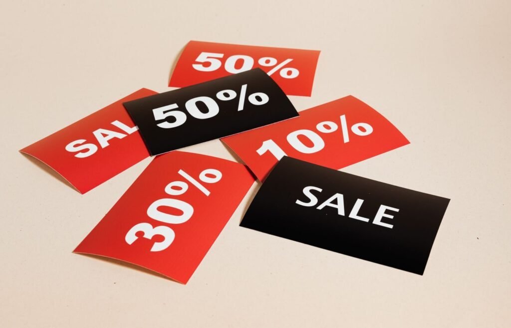 Sale cards arranged on a plain background, representing a planned promotion calendar