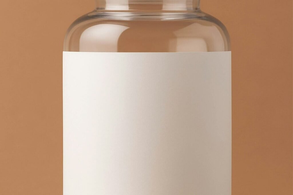A bottle of capsules with a blank label