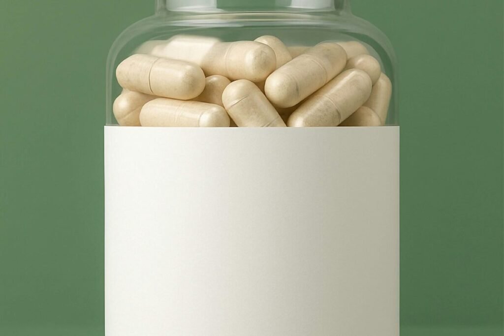 A supplement bottle with a blank label