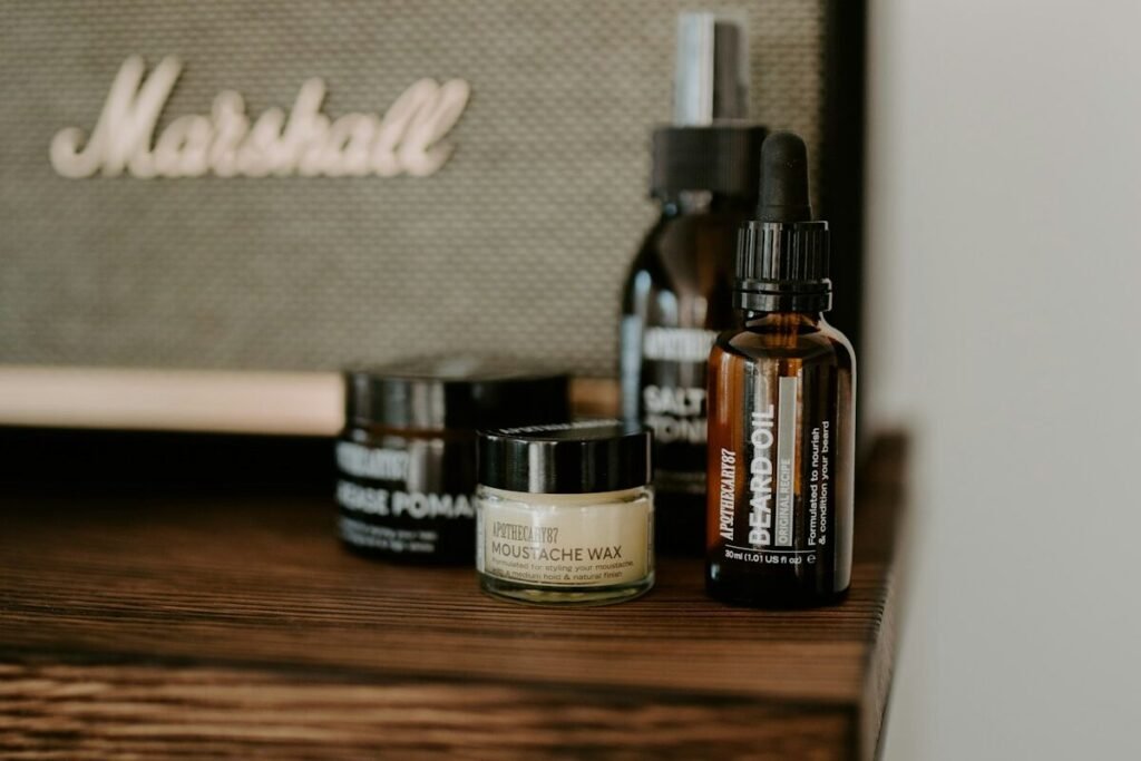 Grooming products arranged on wood