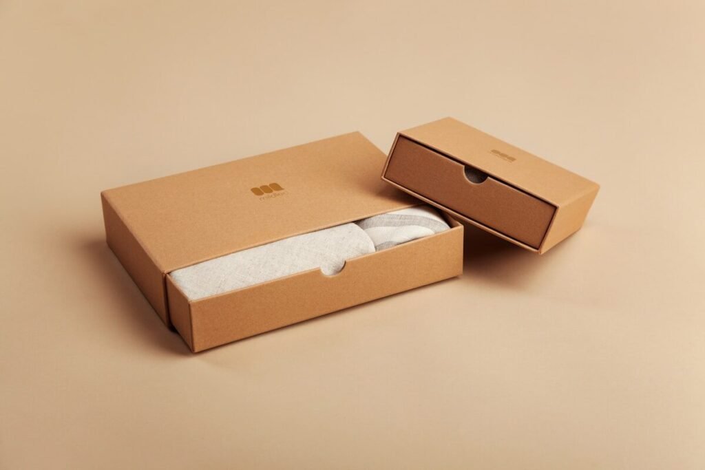 A brown carton on a white table