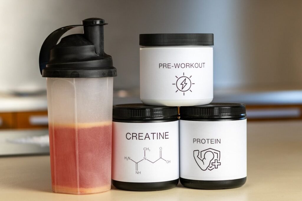 Protein powder containers beside a blender