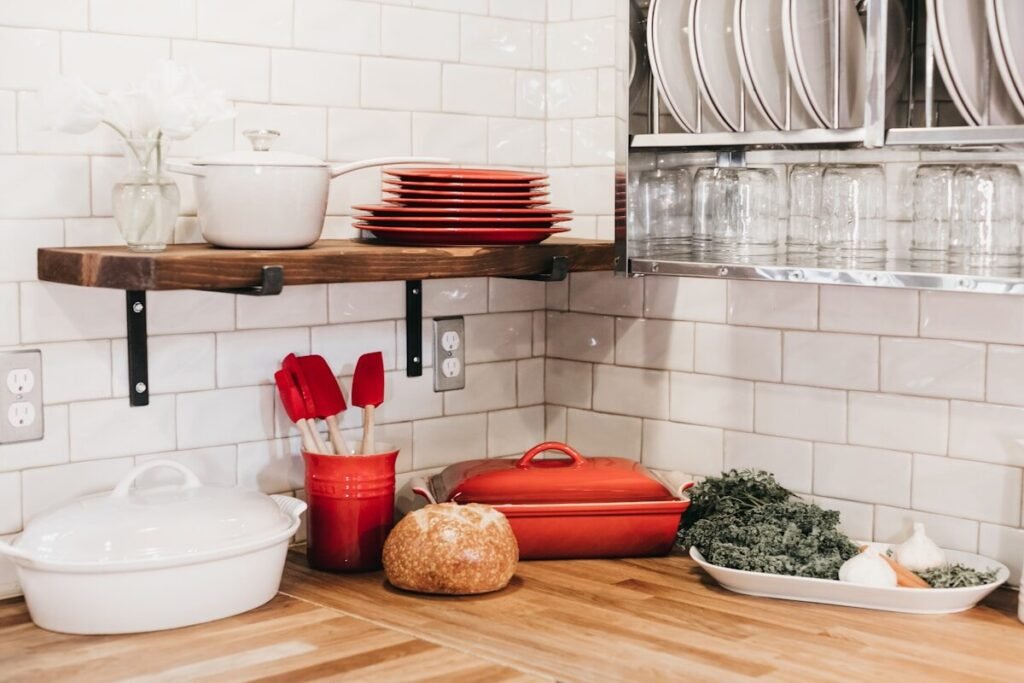 Kitchen products arranged on a wooden shelf