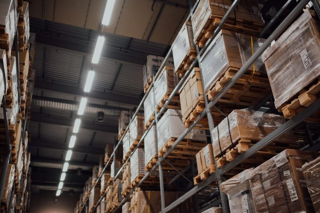 Cardboard cartons on warehouse racking