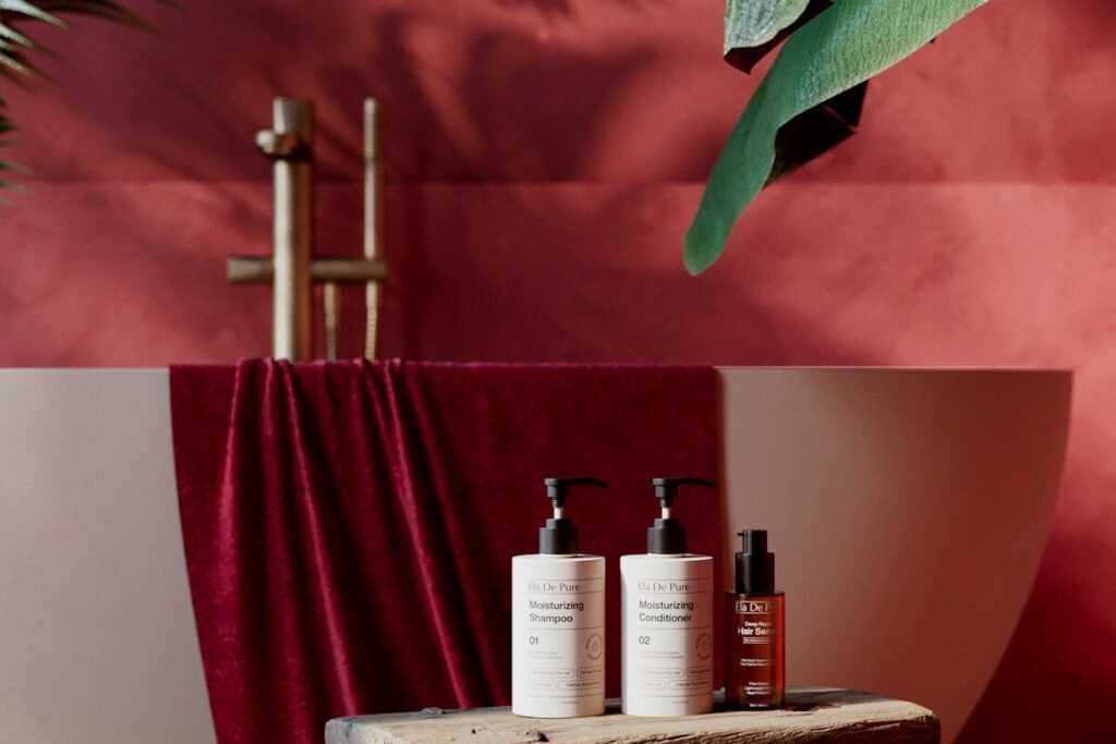 Bath products styled on a wooden stool