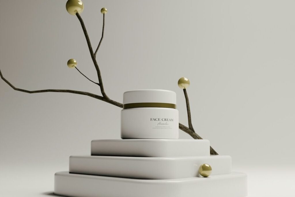 A cream jar photographed on a tiered display