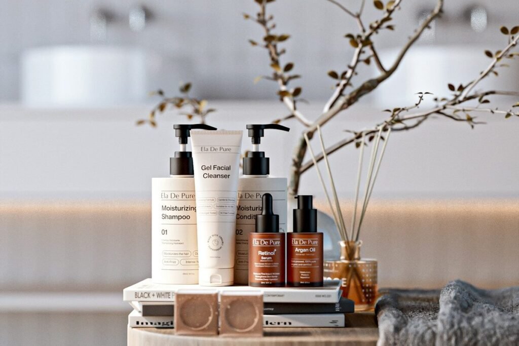 Skincare products arranged on a wooden table