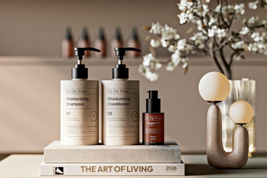 Haircare bottles styled on a book