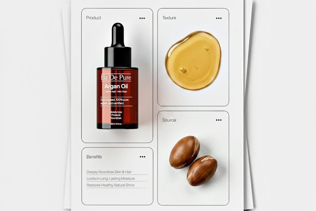 An oil product displayed with its ingredients