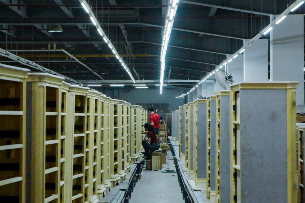 Long rows of industrial shelving
