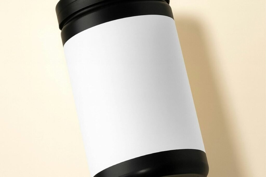 A black jar with a plain white label