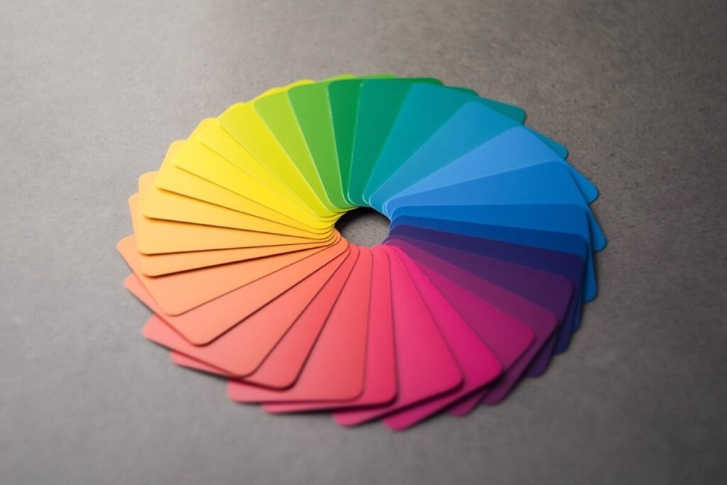 A circle of colour samples arranged on a table