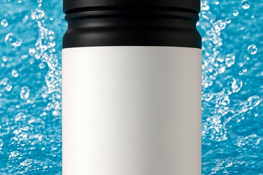 A supplement container photographed with water splashes