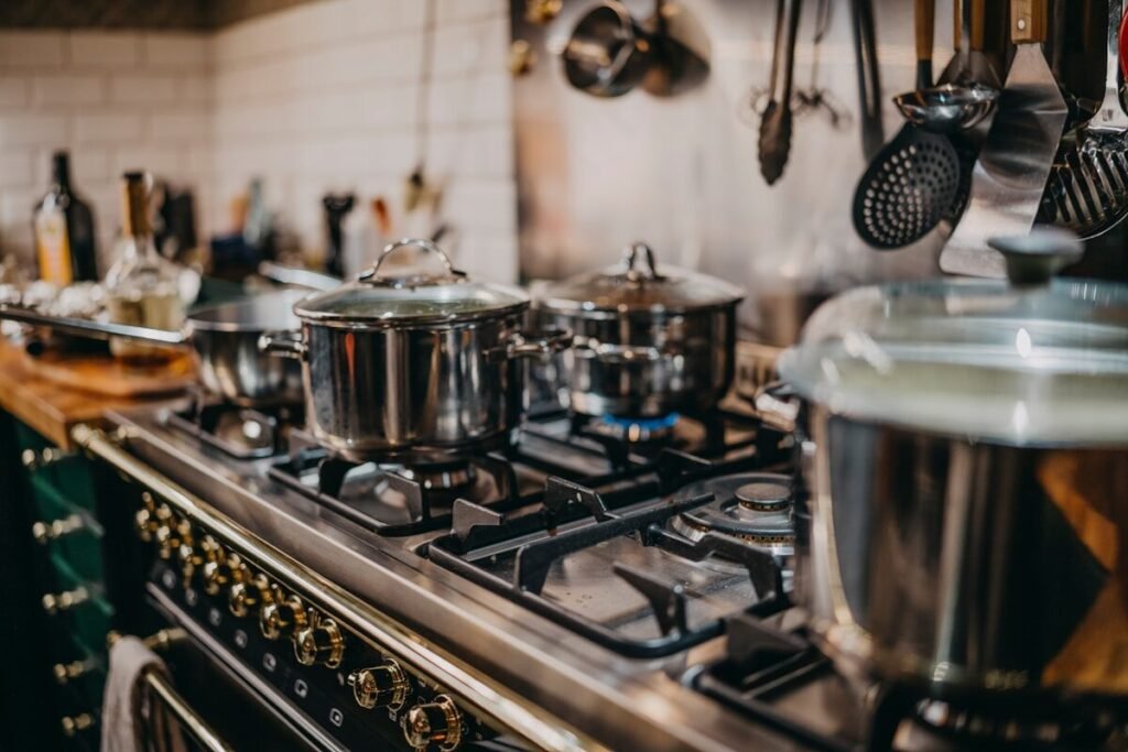 Cooking pots on a gas hob