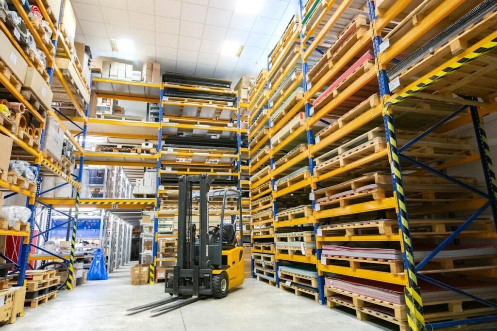 Rows of pallets in a distribution warehouse