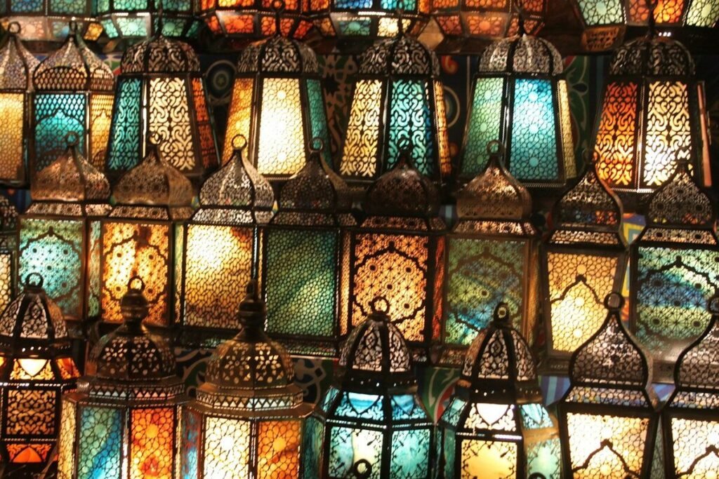 A cluster of lit lanterns