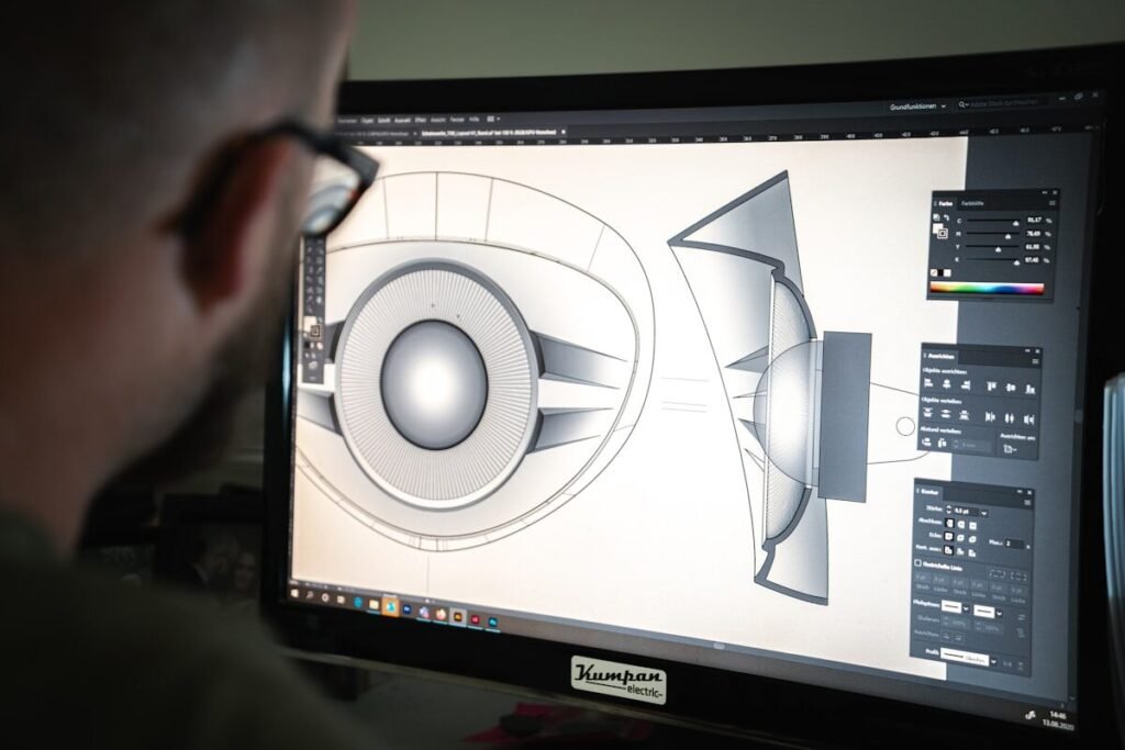 A flat screen monitor in a design workspace