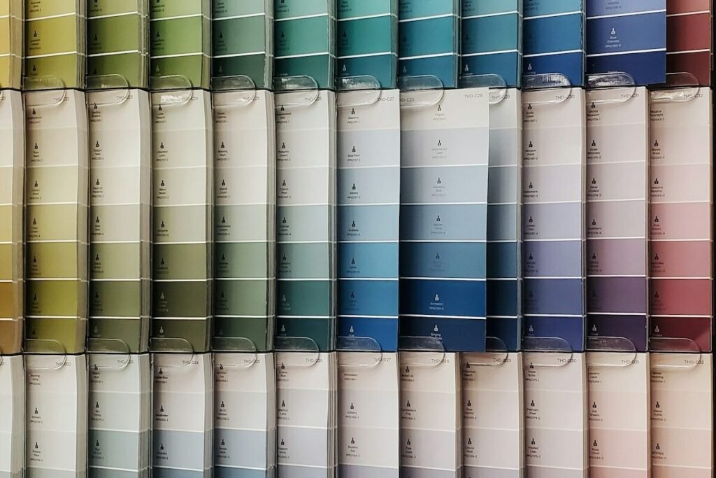 A wall of colour blocks in white, blue, red and yellow