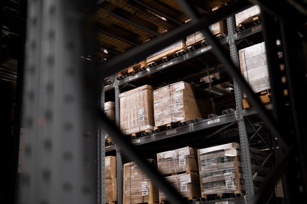 A warehouse of boxes and pallets