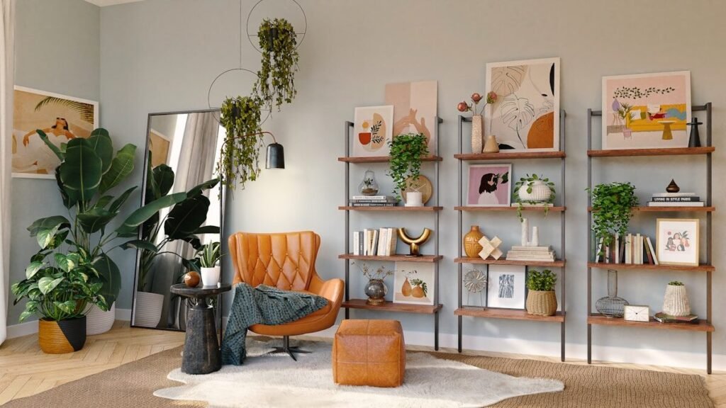 An armchair beside a styled shelf unit