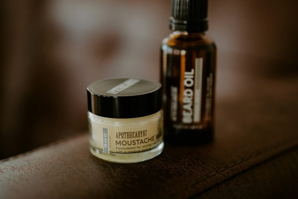 Beard oil and wax styled on leather