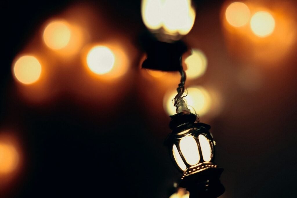 Festive string lights hung overhead