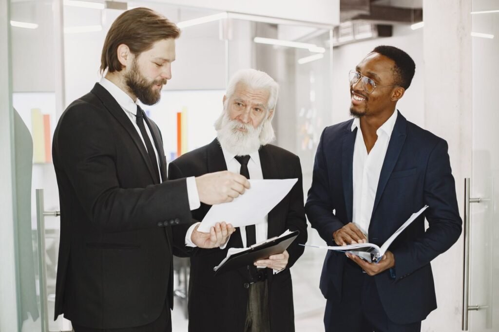 Business colleagues reviewing a market entry plan