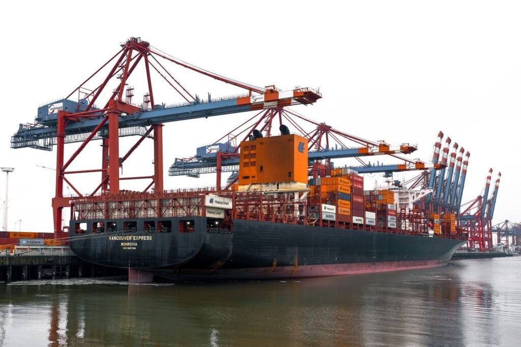 Container ship at a European port