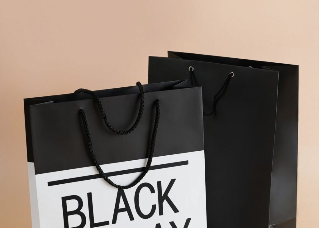 Paper shopping bags with sale signage for a promotional period