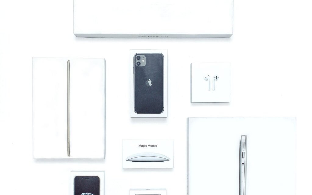 Flat lay of consumer products and packaging representing an eCommerce product catalogue
