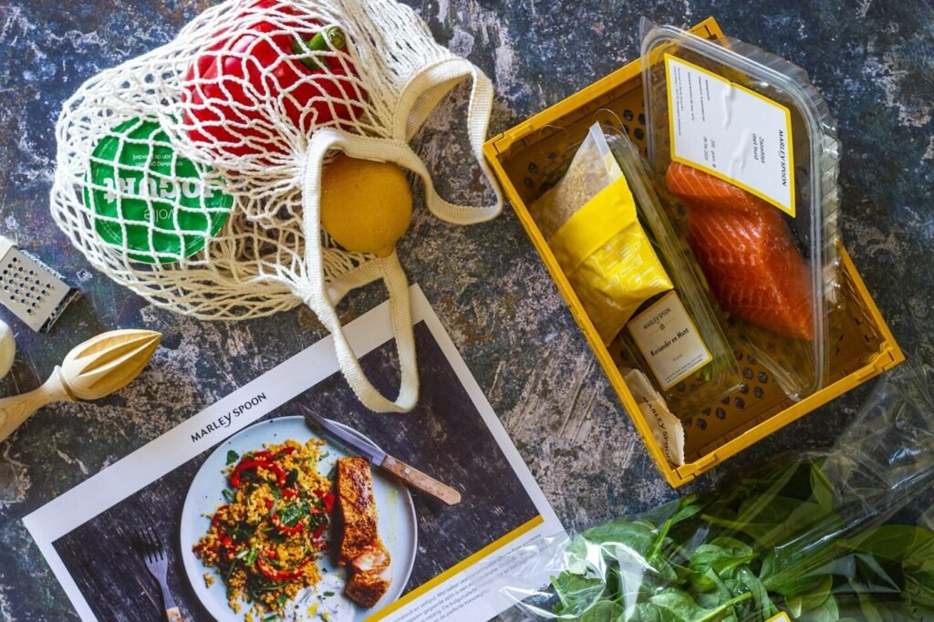 A wooden tray of prepared food styled for photography