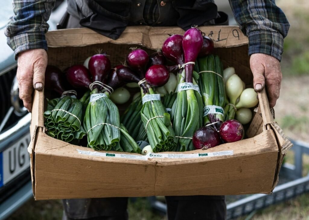 A courier carrying a cardboard box of fresh vegetables