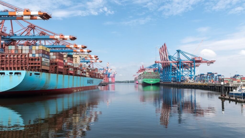 Container ships berthed at a major harbour