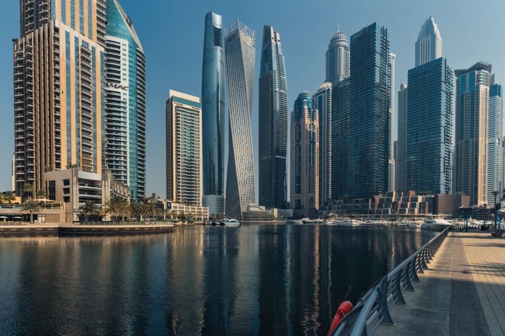 Dubai skyline with high-rise towers beside the water
